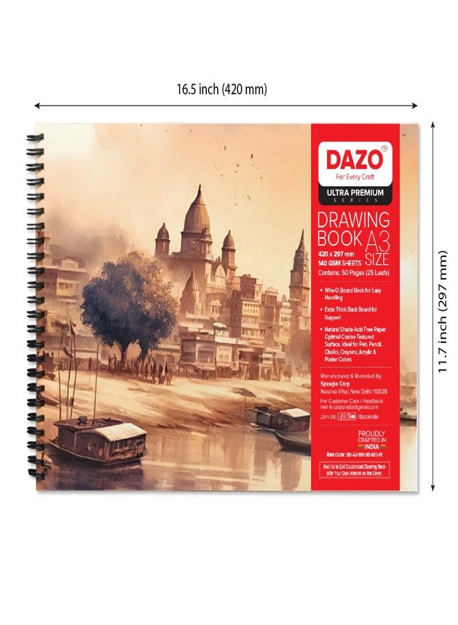 DAZO Ultra Premium A3 Drawing Book, 420 x 297 mm, 140 GSM, 50 Pages, Wire-O Bound, Natural Shade Acid Free Paper - Image 2